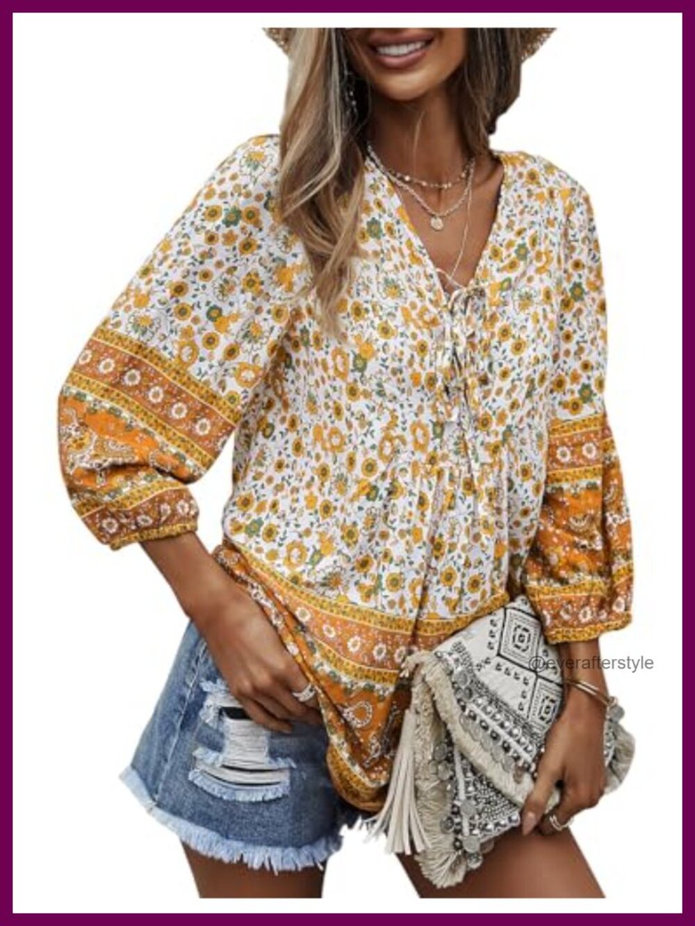 Floral V Neck Tie Front 3/4 Sleeve Boho Tunic Top Rayon